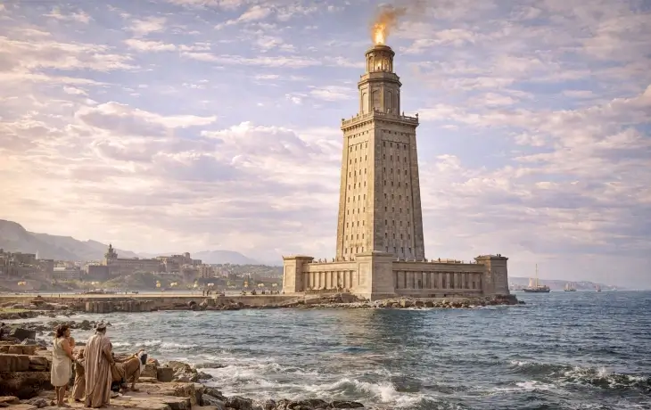 iskenderiye feneri pharos adasında deniz kenarında yanan ateşiyle antik deniz feneri